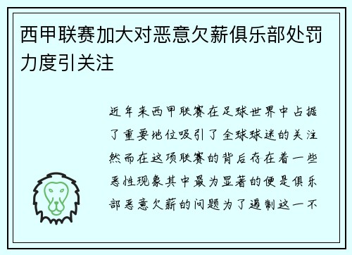 西甲联赛加大对恶意欠薪俱乐部处罚力度引关注