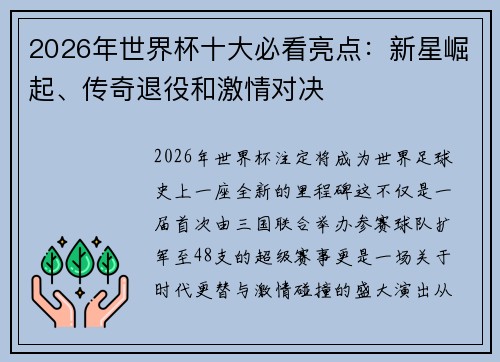 2026年世界杯十大必看亮点:新星崛起、传奇退役和激情对决 2026年世界杯十大必看亮点:新星崛起、传奇退役和激情对决